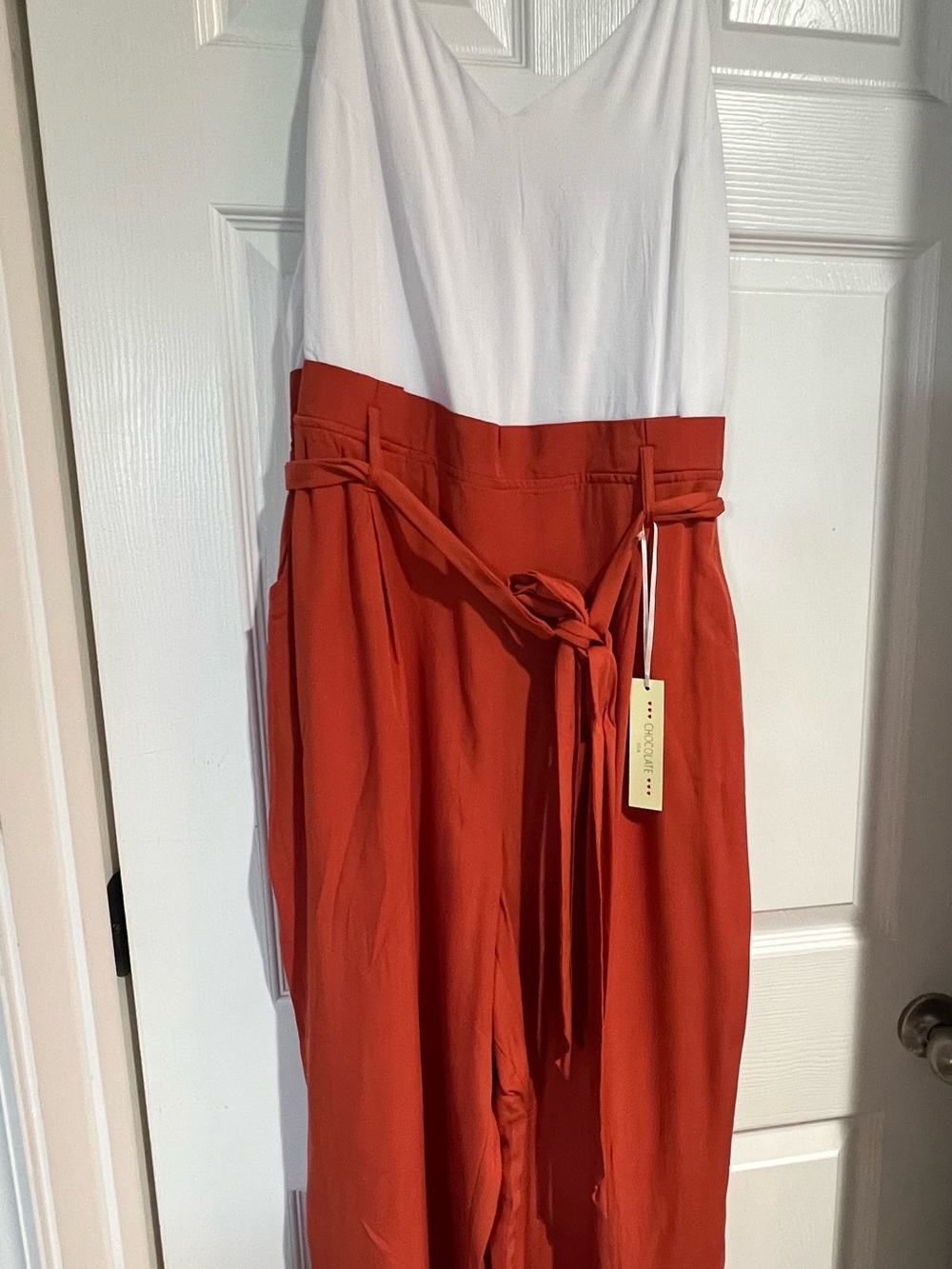 Chocolate Two-Tone Rust and White Tie-Waist Jumpsuit